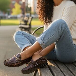 Cole Haan Tortoiseshell Patent Leather Driving Loafers with Horse Bit Hardware